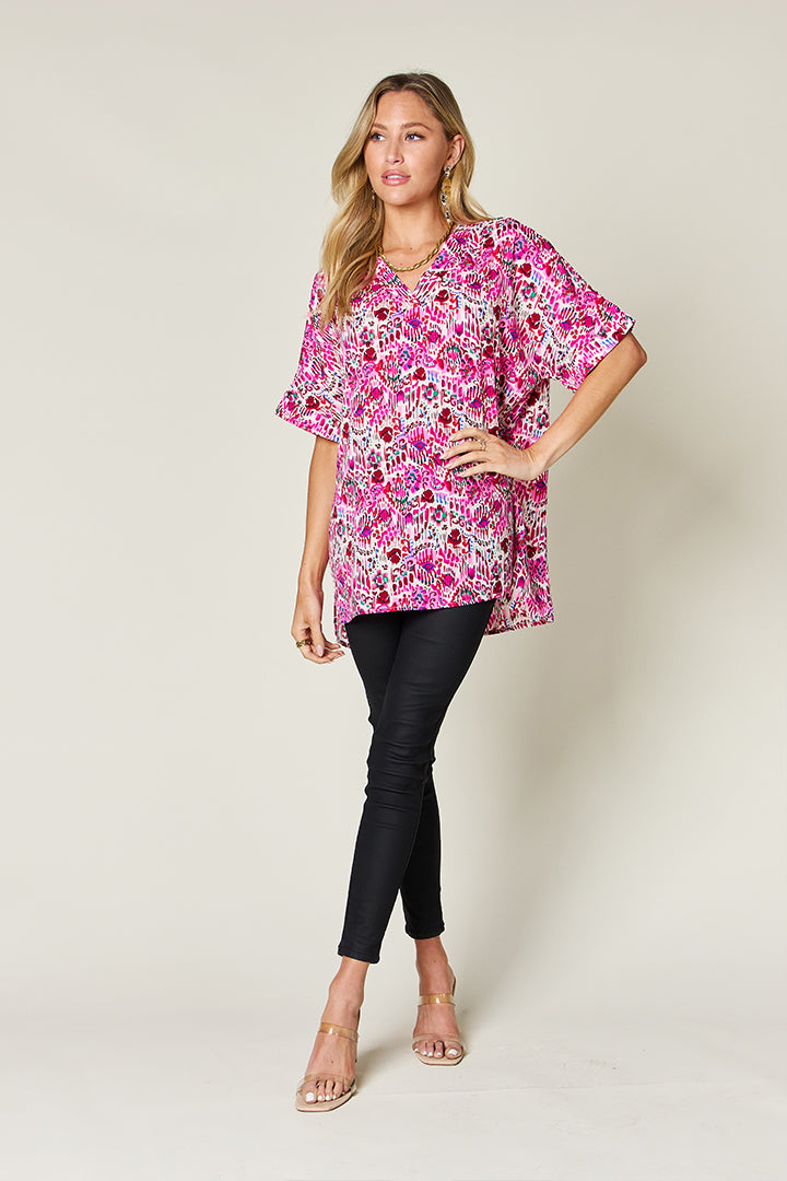 Double Take Full Size Printed V-Neck Short Sleeve Blouse Double Take Full Size Printed V-Neck Short Sleeve Blouse